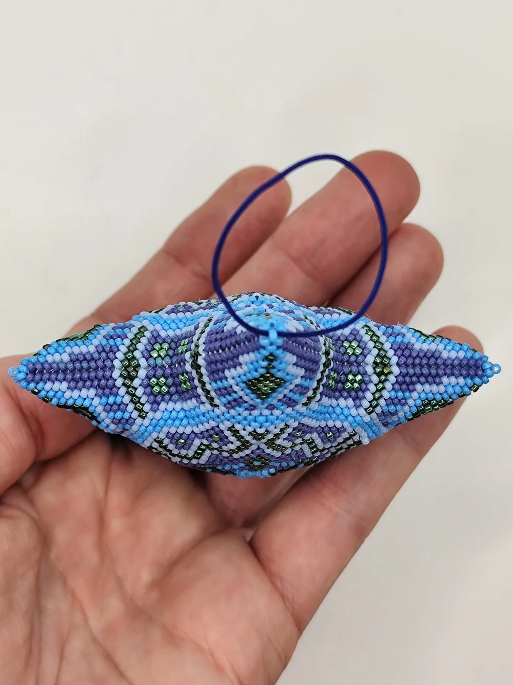Handcrafted Blue Beaded Star Ornament - Holiday Decoration